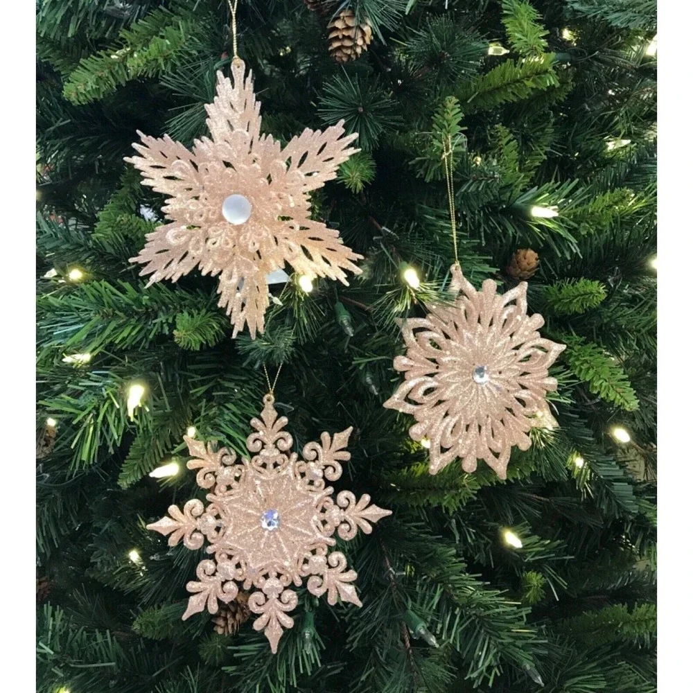 3 Snowflake Christmas Ornaments Pink‎ Blush 6 in Unique Styles Bead Rhinestone